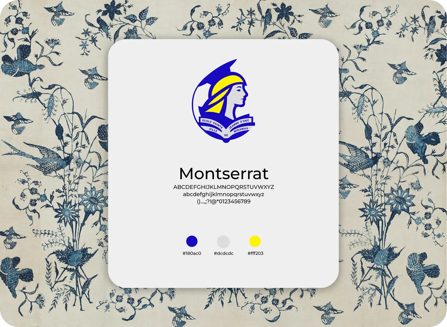 La charte de l'école Jeanne d'Arc de Miramas : le logo au casque et au livre, la typographie Montserrat, et les trois couleurs bleu, gris et jaune
