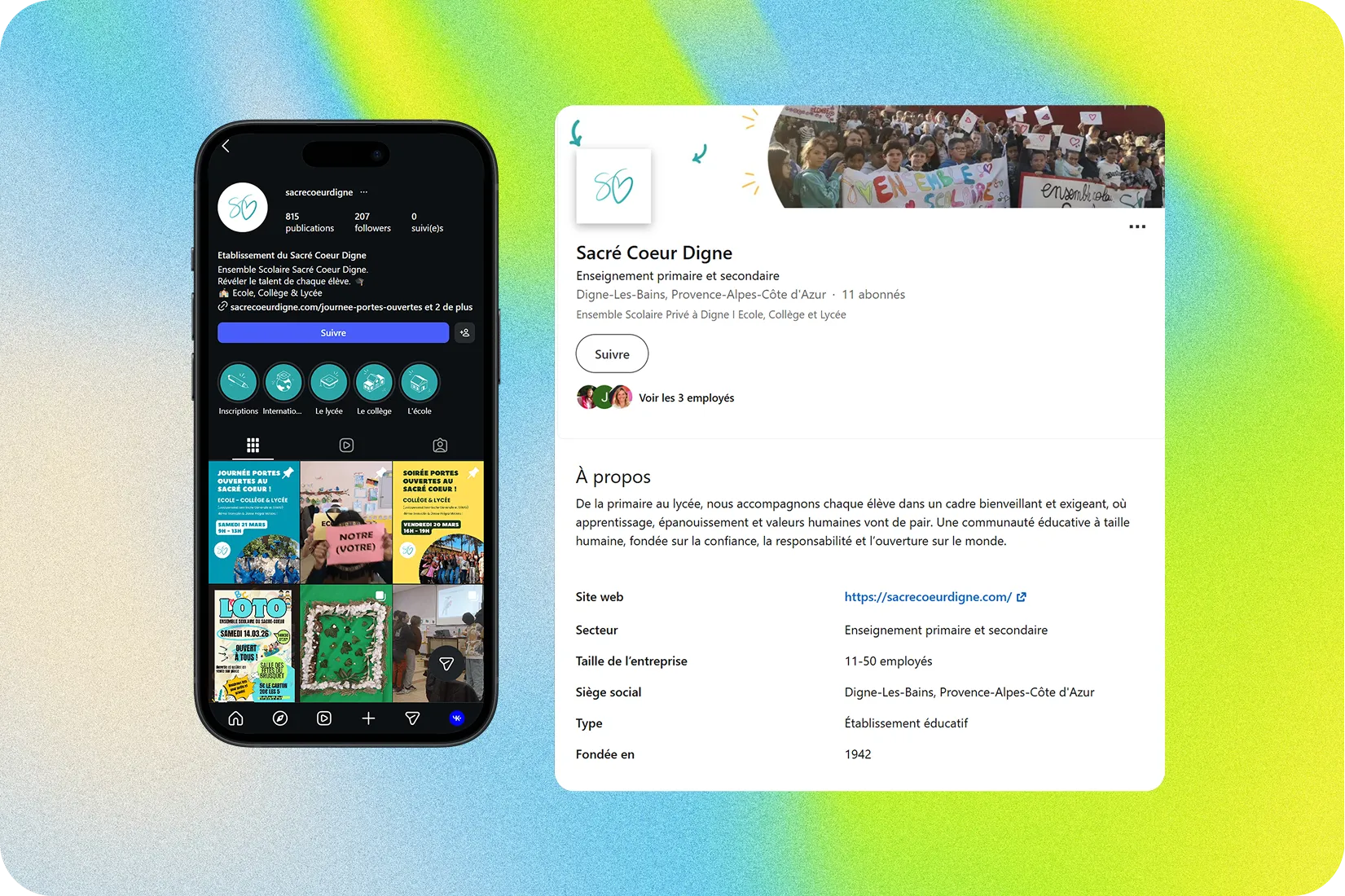 Les publications Instagram et LinkedIn du groupe scolaire Sacré Cœur de Digne-les-Bains, affichées sur un téléphone